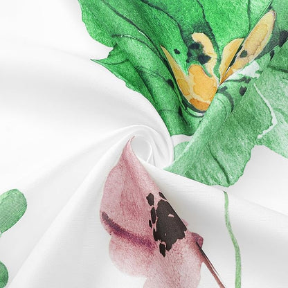 Emerald Green Beige Watercolor Floral Fabric Shower Curtain, 72x72 | Waterproof Fabric, Modern Minimalist Floral Print, Machine Washable, Rustproof Grommets, for Bathroom