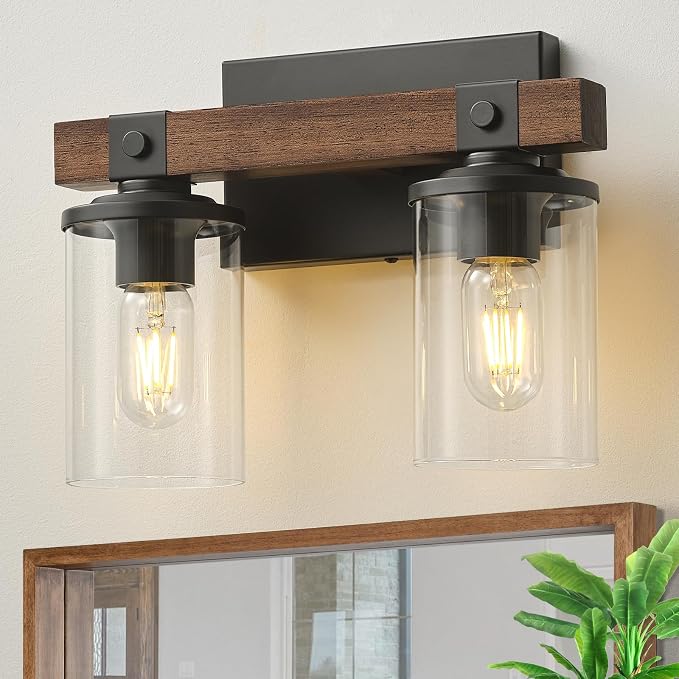 Farmhouse Vanity Light for Bathroom Wooden Rustic Vanity Lighting fixtures | 2-Light Bathroom Lights Over Mirror Vintage Wall Sconce Lighting with Clear Glass Shade for Bedroom Hallway