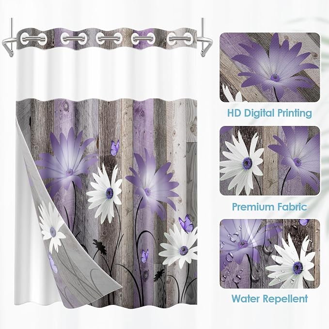 No Hook Shower Curtain with Snap in Liner 71x74 Inch Purple Rustic | Daisy Butterfly Farmhouse Modern Double Layers Waterproof Fabric with See Through Top Window Open Grommet Bath Curtain