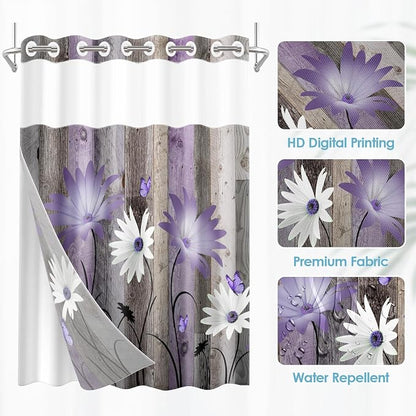 No Hook Shower Curtain with Snap in Liner 71x74 Inch Purple Rustic | Daisy Butterfly Farmhouse Modern Double Layers Waterproof Fabric with See Through Top Window Open Grommet Bath Curtain