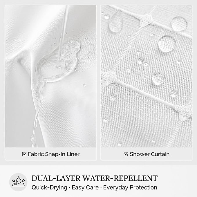 RiverDream Farmhouse No Hooks Shower Curtain with Snap-in Liner,White,71x86 | Snap on Fabric Liner,Heavy Duty,Quick Dry,Mesh Top Window,With Bottom Magnets,Washable,with Tassels,Extra Long Size