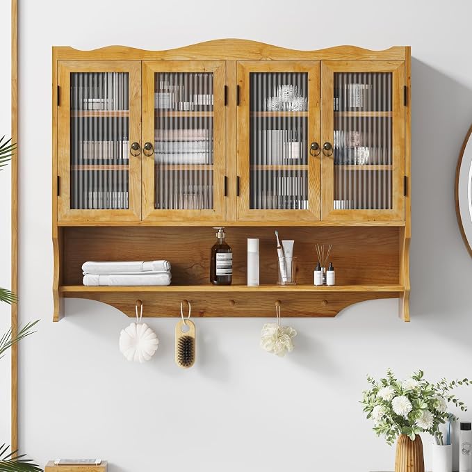 KEIKI 39.37" L Wall Mounted Kitchen Sideboard Cabinet with 4 Glass Door, 5 Hook Rack, 4 Layers Shelves, Retro Storage Buffet Medicine Cabinet for Bathroom, Dining Rooms, Entryway, Solid Wood, Natural