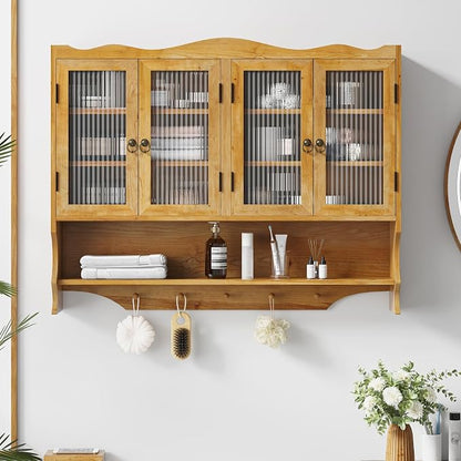 KEIKI 39.37" L Wall Mounted Kitchen Sideboard Cabinet with 4 Glass Door, 5 Hook Rack, 4 Layers Shelves, Retro Storage Buffet Medicine Cabinet for Bathroom, Dining Rooms, Entryway, Solid Wood, Natural