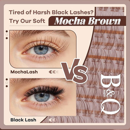 B&Q Brown Velure Lash Clusters Kit Natural Lashes Clusters, Wispy Light Brown Eyelash Cluster Kit C-8-16mm DIY Lash Eyelashes for Fair/Dark Hair, Lightweight & Invisible Band(Mochalash Velure 05 Set)