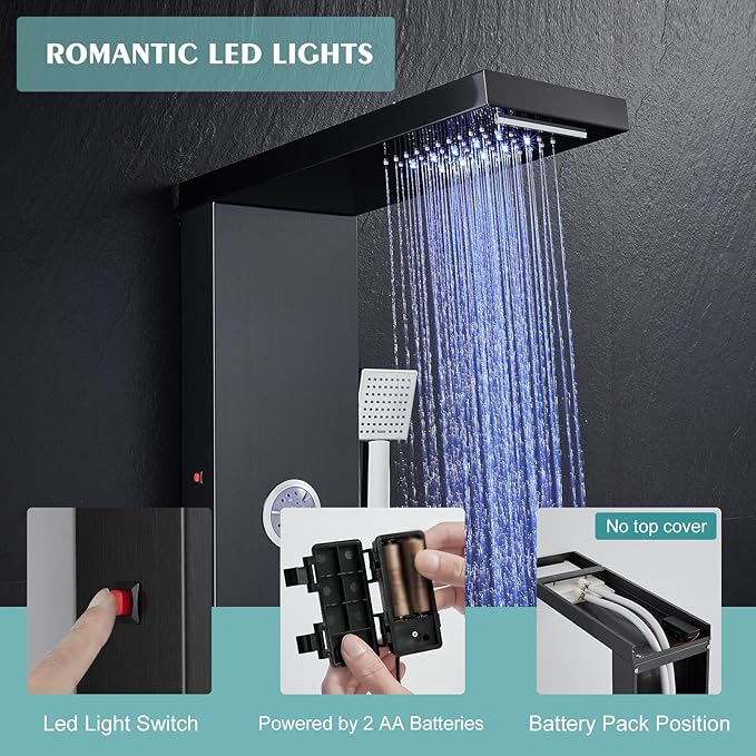 LED Shower Panel Tower System, 6-in-1 Shower Tower with Rainfall Waterfall Shower Head, 2 Modes Powerful Body Jets, Handheld Shower and Tub Spout, Stainless Steel Shower Column, Black