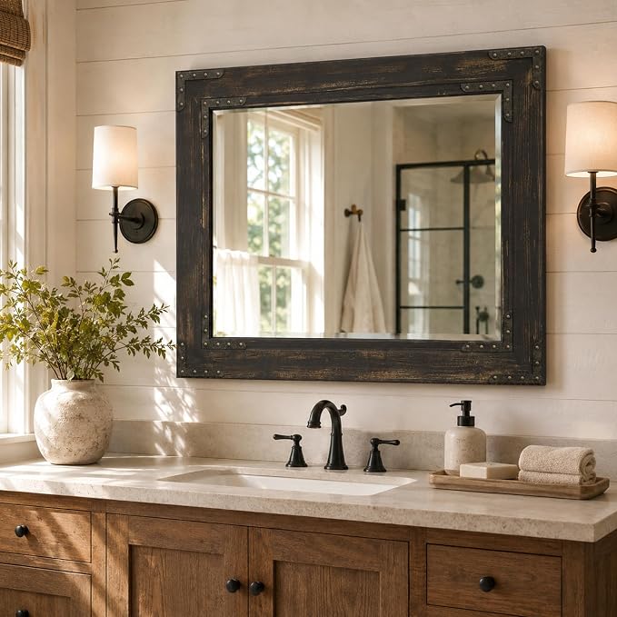 Rustic Black 30x40 Inch Wood Bathroom Vanity Mirror, Rivets | Industrial farmhouse, dark charcoal grain, larger vanities, mantels, living rooms and entry consoles
