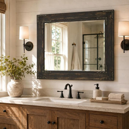 Rustic Black 30x40 Inch Wood Bathroom Vanity Mirror, Rivets | Industrial farmhouse, dark charcoal grain, larger vanities, mantels, living rooms and entry consoles
