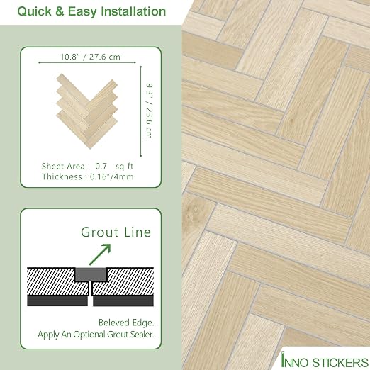 12-Pack Peel and Stick Floor Tile, 10.8" x 9.3" Herringbone SPC Self-Adhesive Luxury Vinyl Flooring, Wood-Look Groutable Backsplash Tile for Kitchen Bathroom, Natural Oak, Covers 8.4 Sq. Ft.