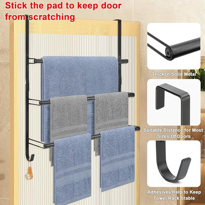 Livabber 3-Tier Over The Door Towel Rack, All Metal Towel Rack with Hooks for Door Hanging, Behind Door Towel Bar Towel Storage Holder for Bathroom Accessories, Black (22.8" L x 5.9" W x 24.4" H)