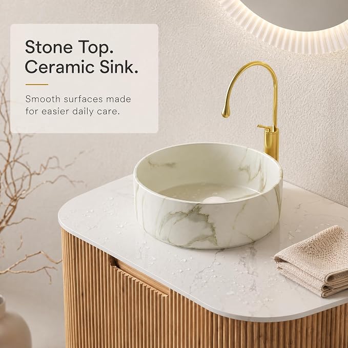 24 Inch Bathroom Vanity with Sink, Floating Wall Mounted Single Sink Vanity for Small Baths, Natural Woodgrain Curved Fluted Front, Stone Top, Marble-Look Round Vessel Basin, Pre-Assembled
