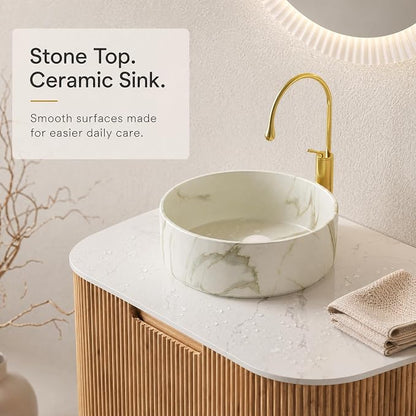 24 Inch Bathroom Vanity with Sink, Floating Wall Mounted Single Sink Vanity for Small Baths, Natural Woodgrain Curved Fluted Front, Stone Top, Marble-Look Round Vessel Basin, Pre-Assembled