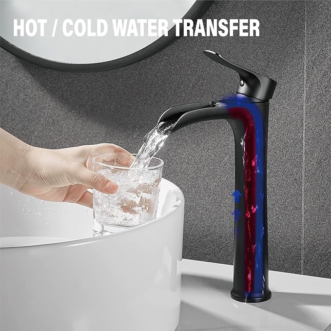 YUNDOOM Vessel Sink Faucet, Matte Black Single Hole Single Handle Tall Bathroom Bowl Sink Faucet,Waterfall Bathroom Faucet