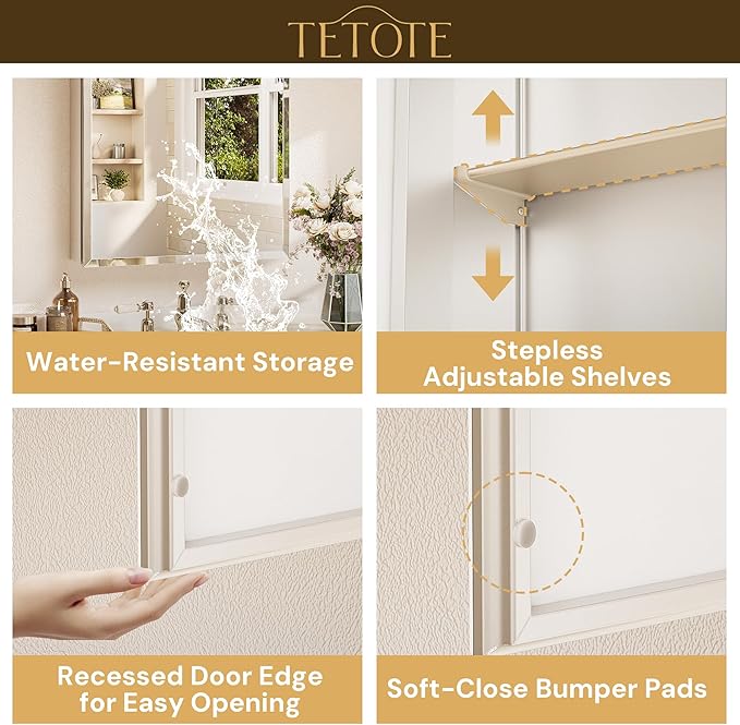 TETOTE 15 x 36 Mirrored Medicine Cabinets for Bathroom with Tempered Beveled MirrorSilverMedicine Cabinet Aluminum Cabinet DTC Hinges, Stepless Adjustable Shelves, Recessed/Surface-Mounted