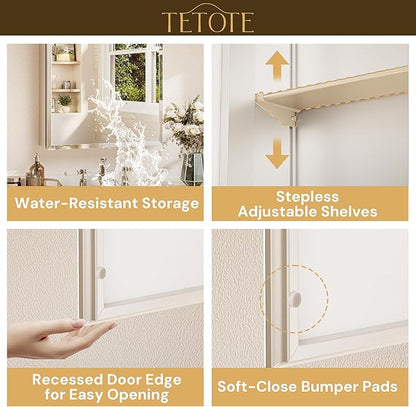 TETOTE 40 x 32 Medicine Cabinet with Tempered Beveled Mirror Silver Medicine Cabinet Mirror Aluminum Cabinet DTC Hinges, Stepless Adjustable Shelves, Recessed/Surface-Mounted