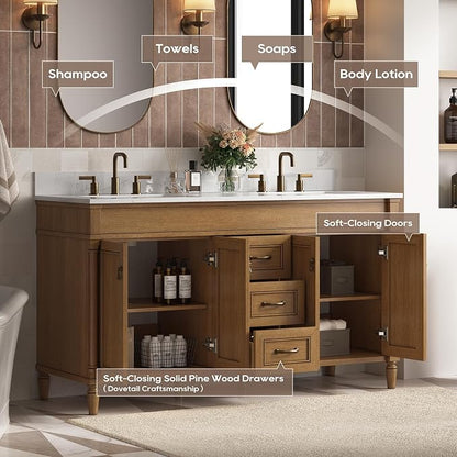 60 Inch Bathroom Vanity with Sink Combo, Classic Cabinet with Countertop & Backsplash, Solid Wood with Soft Closing Doors & Dovetail Drawers, Ceramic Sink, Light Walnut