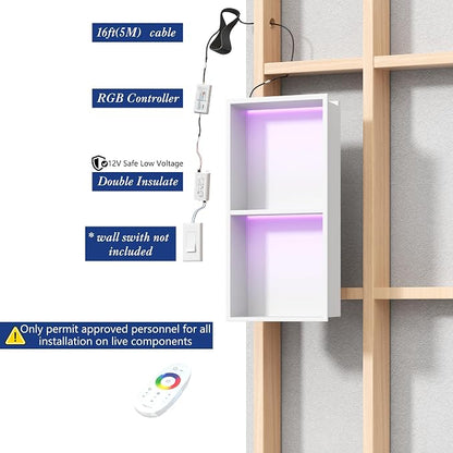 2-Tiers 12x24 Wall Niche with RGB LED Light Strips, White Shower Niche Cabinet, Stainless Steel Bathroom Shelf, NO Tile Needed Recessed Cubby Storage Organizer