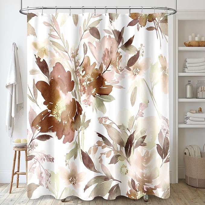 MAYZUS Brown Watercolor Floral Shower Curtain 60x72 for Bathroom | Modern Abstract Ink Decorative Fabric Shower Curtain Set with Hooks