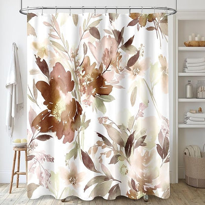 MAYZUS Brown Watercolor Floral Shower Curtain 60x72 for Bathroom | Modern Abstract Ink Decorative Fabric Shower Curtain Set with Hooks