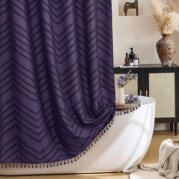 Siiluminisoy Boho Dark Purple Shower Curtain, 72 x 72 Woven Fabric Tufted Chevron Textured Striped Modern Farmhouse Minimalist for Bathroom