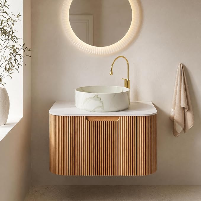 24 Inch Bathroom Vanity with Sink, Floating Wall Mounted Single Sink Vanity for Small Baths, Natural Woodgrain Curved Fluted Front, Stone Top, Marble-Look Round Vessel Basin, Pre-Assembled