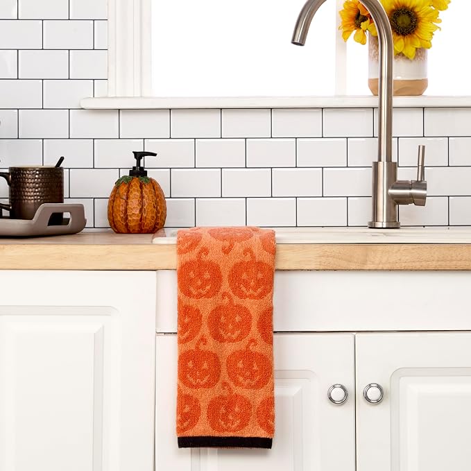 SKL Home Halloween Jack-O-Lantern Hand Towel Set-2pc, 100% Cotton, Orange | Soft & absorbent. Reversible jacquard pattern. Great for the bathroom, kitchen or bar & gifting.