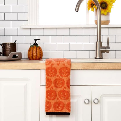 SKL Home Halloween Jack-O-Lantern Hand Towel Set-2pc, 100% Cotton, Orange | Soft & absorbent. Reversible jacquard pattern. Great for the bathroom, kitchen or bar & gifting.
