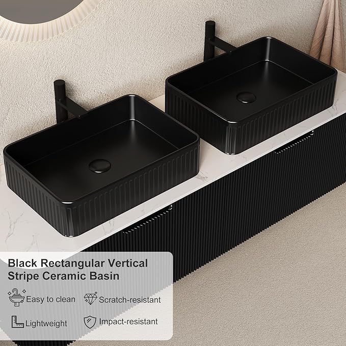 60" Floating Bathroom Vanity with Double Sink, Modern Bathroom Vanities with Marble Countertop and Rectangular Ceramic Sink, Soft-Close Design, Natural Solid Wood Cabinet, Pre-Assembled, Gloss Black