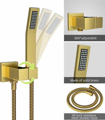 Gold High Pressure Shower System Set with Tub Spout,12 inch | Safe Pressure Balance Valve Bathroom Shower Faucet Set with Handheld, All-Metal Water Saving Rainfall Shower Trim Kit
