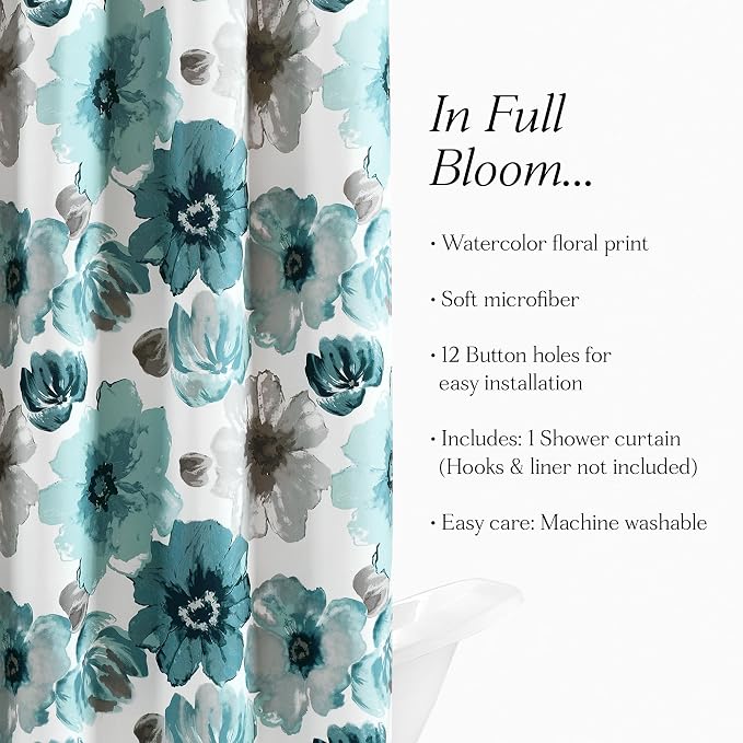 Lush Decor Leah Floral Shower Curtain, 72" W x 72" L, Blue - Fabric Shower Curtains - Watercolor Botanical Bathroom Curtain - Farmhouse & French Country Decor