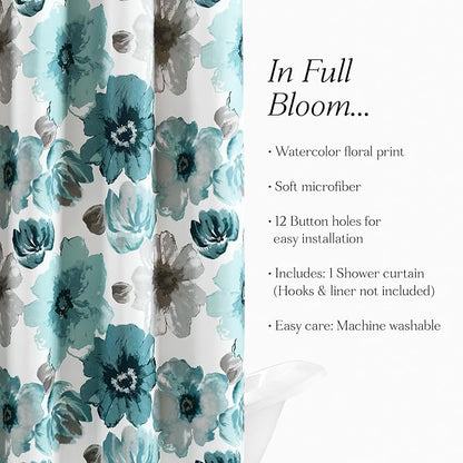 Lush Decor Leah Floral Shower Curtain, 72" W x 72" L, Blue - Fabric Shower Curtains - Watercolor Botanical Bathroom Curtain - Farmhouse & French Country Decor