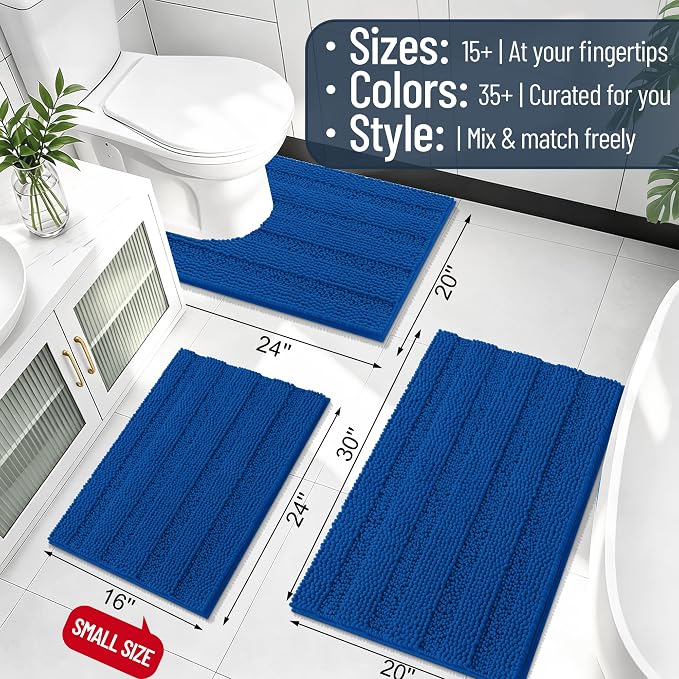 Smiry Thick Chenille Bathroom Rugs 30x20, Soft Bath Mat, Deep Navy Blue | Quick‑Dry & Machine Washable, Non‑Slip Bath Carpet, Striped Bath Rugs for Tub & Shower, Modern Home Decor Accessories