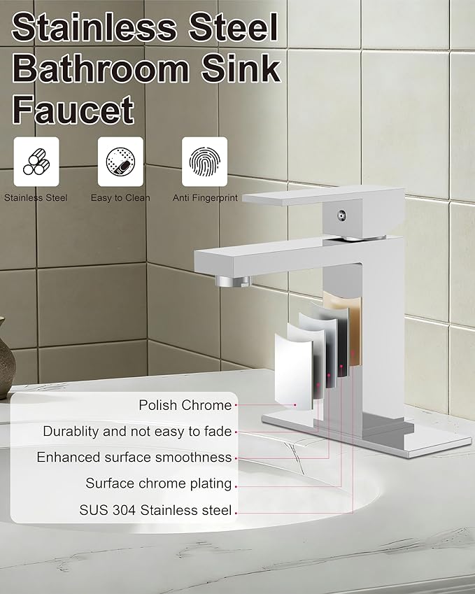 Midanya Bathroom Faucets 1 Hole, Single Handle Stainless Steel Bathroom Sink Faucet, Modern Vanity Faucets with Deck Plate,Water Supply Hoses and Pop Up Drain,Polish Chrome