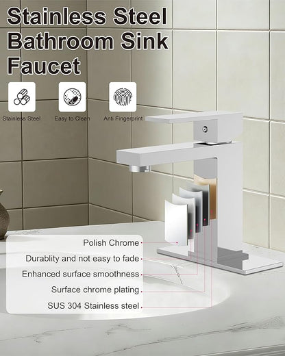 Midanya Bathroom Faucets 1 Hole, Single Handle Stainless Steel Bathroom Sink Faucet, Modern Vanity Faucets with Deck Plate,Water Supply Hoses and Pop Up Drain,Polish Chrome