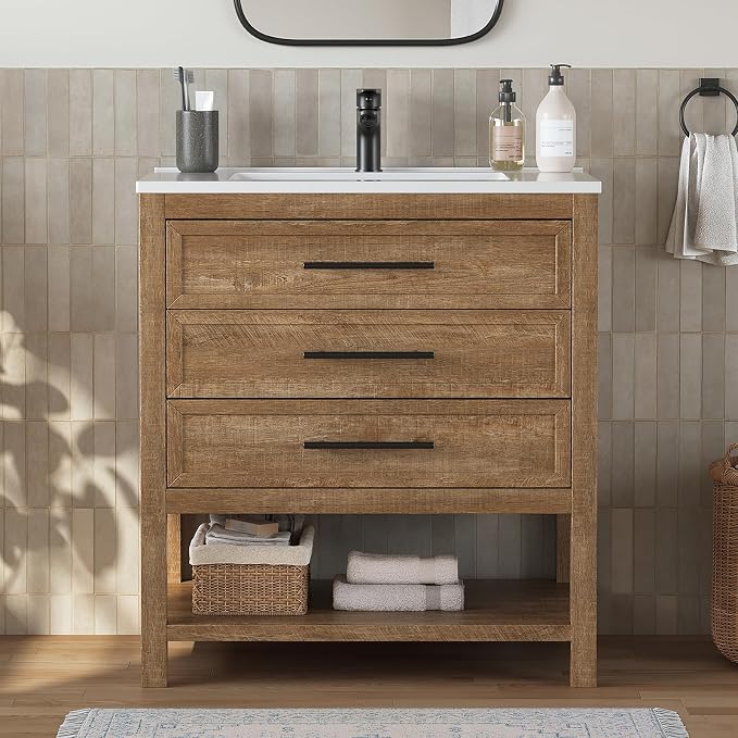 30 Inch Bathroom Vanity with Sink, Rustic Brown | Farmhouse Vanity Cabinet with durable SMC Resin Countertop, three soft-close full-extension drawers, and easy assembly