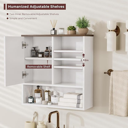 Bathroom Wall Storage Cabinet Fluted,Modern Over The Toilet Storage Cabinet Medicine Cabinet with Adjustable Shelves, Wood Curved Profile Wall Mounted Storage Organizer(White Wood, Medium)