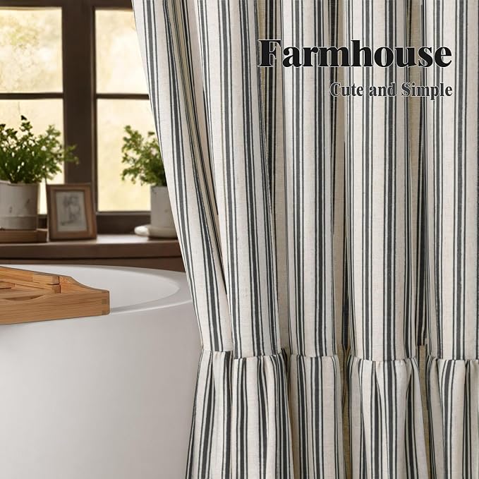 Farmhouse Shower Curtain Ruffle Linen Cream-Black Stripe 72"W x 72"L | Farmhouse Boho, Striped, Bottom Ruffle, Linen Fabric, Rustic, Country, Natural Look, Washable, for Bathroom Bathtub