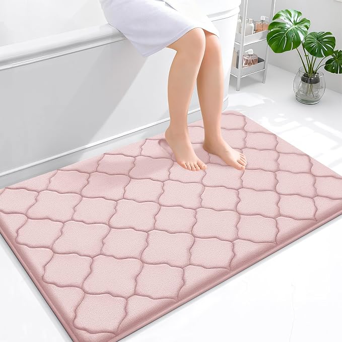OLANLY Memory Foam Bath Mat Rug 47x32, Ultra Soft and Absorbent Bathroom Rugs, Non-Slip, Comfortable, Machine Washable Bath Carpet for Bathroom Floor, Tub, Shower and Home Decor Accessories, Pink