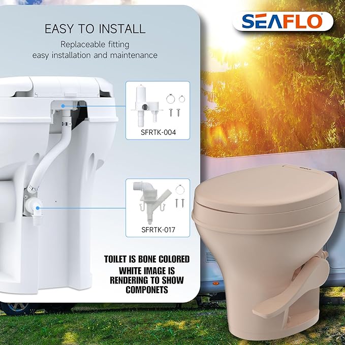 SEAFLO Bone-Colored Residential Height Camper/RV Toilet, 18.5” Height, Gravity Flush, Foot Pedal, Oversized Bowl, Soft-Close Seat, 4-Year Warranty