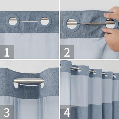 eachope No Hook Fabric Shower Curtain with Snap-in Liner,71x74 Blue Grey | Linen Texture,230GSM Thick Fabric,Hotel Luxury Decor,Mesh Window,Bottom magnetic ,Waterproof & Machine Washable,for Bathroom