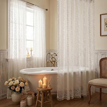 WAZZIO White Lace Shower Curtain - Vintage Pretty Flower Sheer Shower Curtains, Elegant Decorative Tassel Bath Curtains for Bathroom, 72 x 84 Inch, 1 Piece