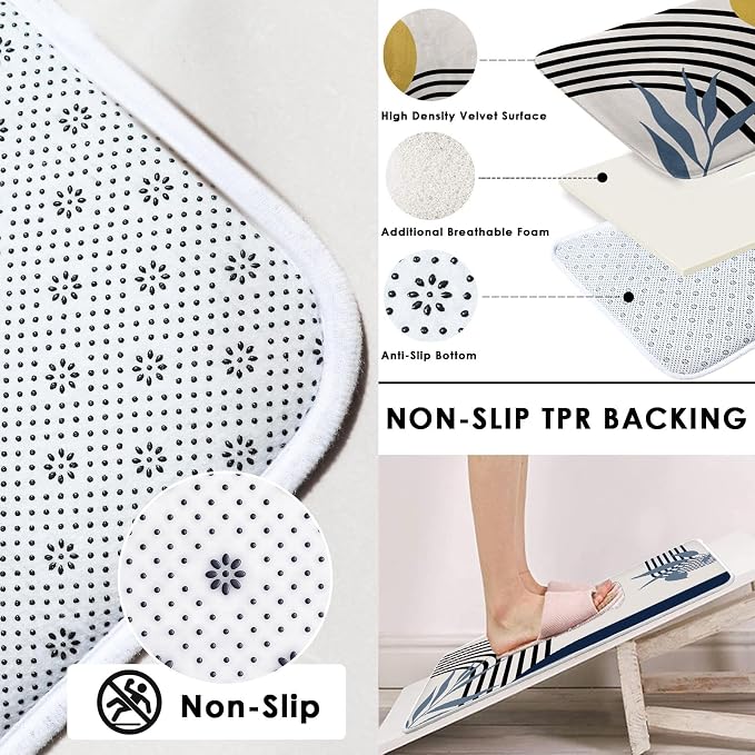 Bathroom Sets with Shower Curtain and Rugs, Boho Geometric 4 Pcs, | Abstract Mid Century Modern Bathroom Decor Set with Toilet Lid Cover, Non-Slip Bath Mats and Accessories 12 Hooks