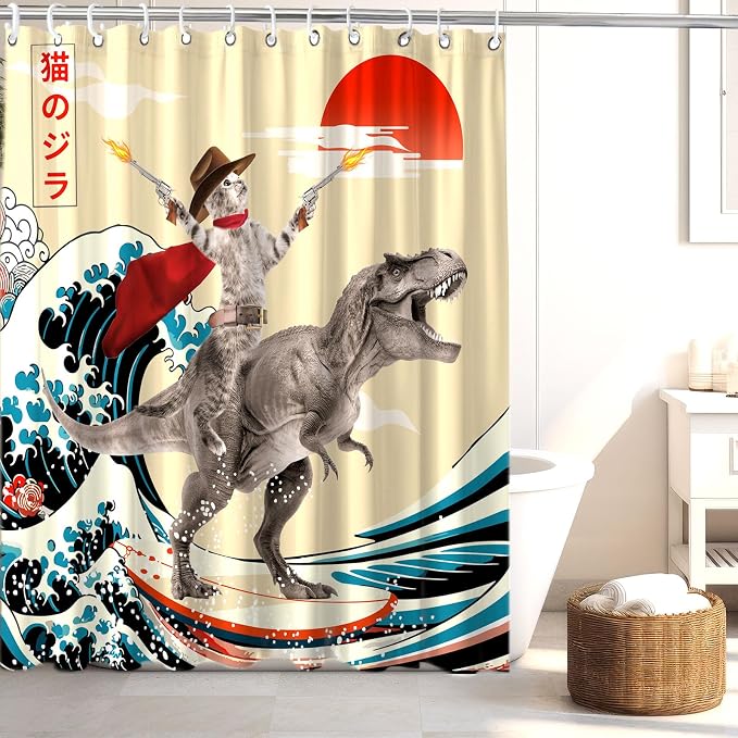 Funny Cute Cat Shower Curtain, Japan Cat Dinosaur Surfing Ocean Sea Wave Fabric Shower Curtains Set, Japanese Art Shower Curtains with Hooks, Kids Bathroom Decor 72x72inch