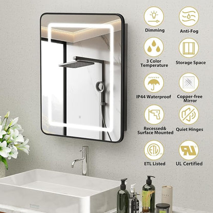 ROOMTEC 16 x 24 Inch Medicine Cabinet Mirror with LED Lights, Black Bathroom Medicine Cabinet with Mirror and Storage, Recessed or Wall Mount, 3 Color Temperature, Dimmable Light