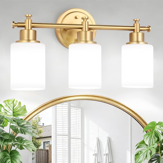 3 Light Brushed Gold Bathroom Vanity Light Fixture Over Mirror, 17.5 Inch | Modern Gold Vanity Light Fixtures with White Glass Shade, Wall Sconce for Bathroom, Bedroom, Hallway, Living Room, E26 Socket