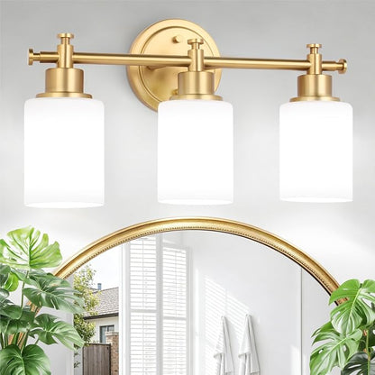 3 Light Brushed Gold Bathroom Vanity Light Fixture Over Mirror, 17.5 Inch | Modern Gold Vanity Light Fixtures with White Glass Shade, Wall Sconce for Bathroom, Bedroom, Hallway, Living Room, E26 Socket
