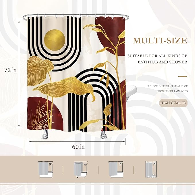 Glawry Red Abstract Mid Century Shower Curtain Boho Retro Tropical Palm Tree Plant Minimalist Sun Arch Bathroom Geometric Aesthetic 60Wx72L Inches Bath Accessories Art Home Decor Fabric 12 Pack Hook