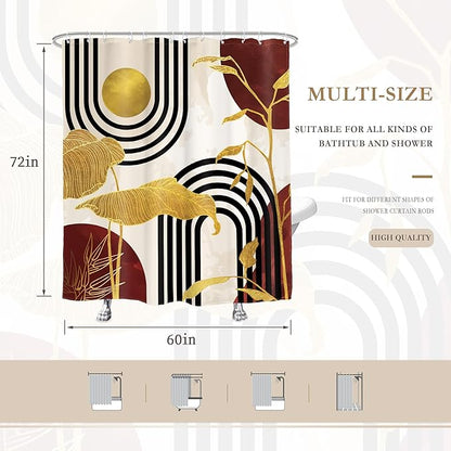 Glawry Red Abstract Mid Century Shower Curtain Boho Retro Tropical Palm Tree Plant Minimalist Sun Arch Bathroom Geometric Aesthetic 60Wx72L Inches Bath Accessories Art Home Decor Fabric 12 Pack Hook