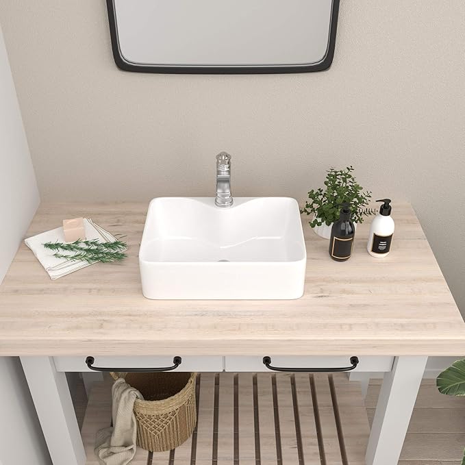 Mocoloo 19 Inch Rectangle Vessel Sink with Faucet Hole 19"x15" White Ceramic Countertop Bathroom Vanity Sink Basin Above Counter Porcelain Lavatory Sink