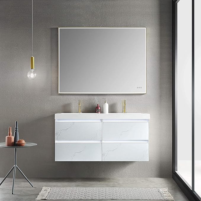 Blossom 48 inch LED Lighted Bathroom Vanity with Acrylic Sink | Wall Mounted Vanity with Dimmable LED Lights | Modern Floating Design for Bathrooms | 48" w/Acrylic Sink, Calacatta White