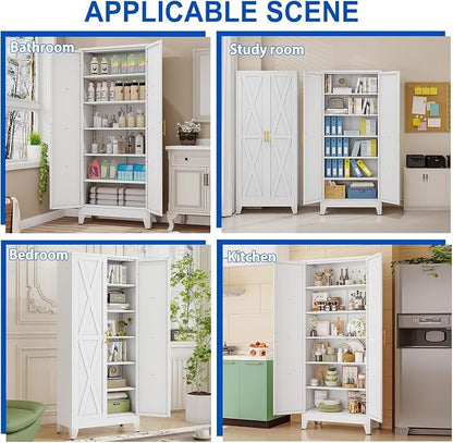 75" Metal Storage Cabinet with 2 Doors and 5 Adjustable Shelves,White Farmhouse Kitchen Pantry Cabinet,Steel Garage Tool Cabinet,File Cabinetfor Home,Office,Dinning Living Room,Warehouse